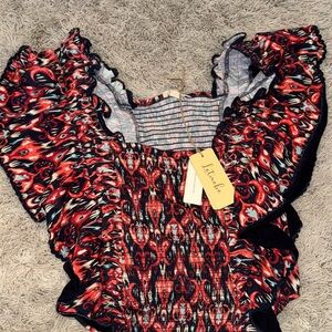 Anthropologie scrunched Red and Black Patterned Blouse